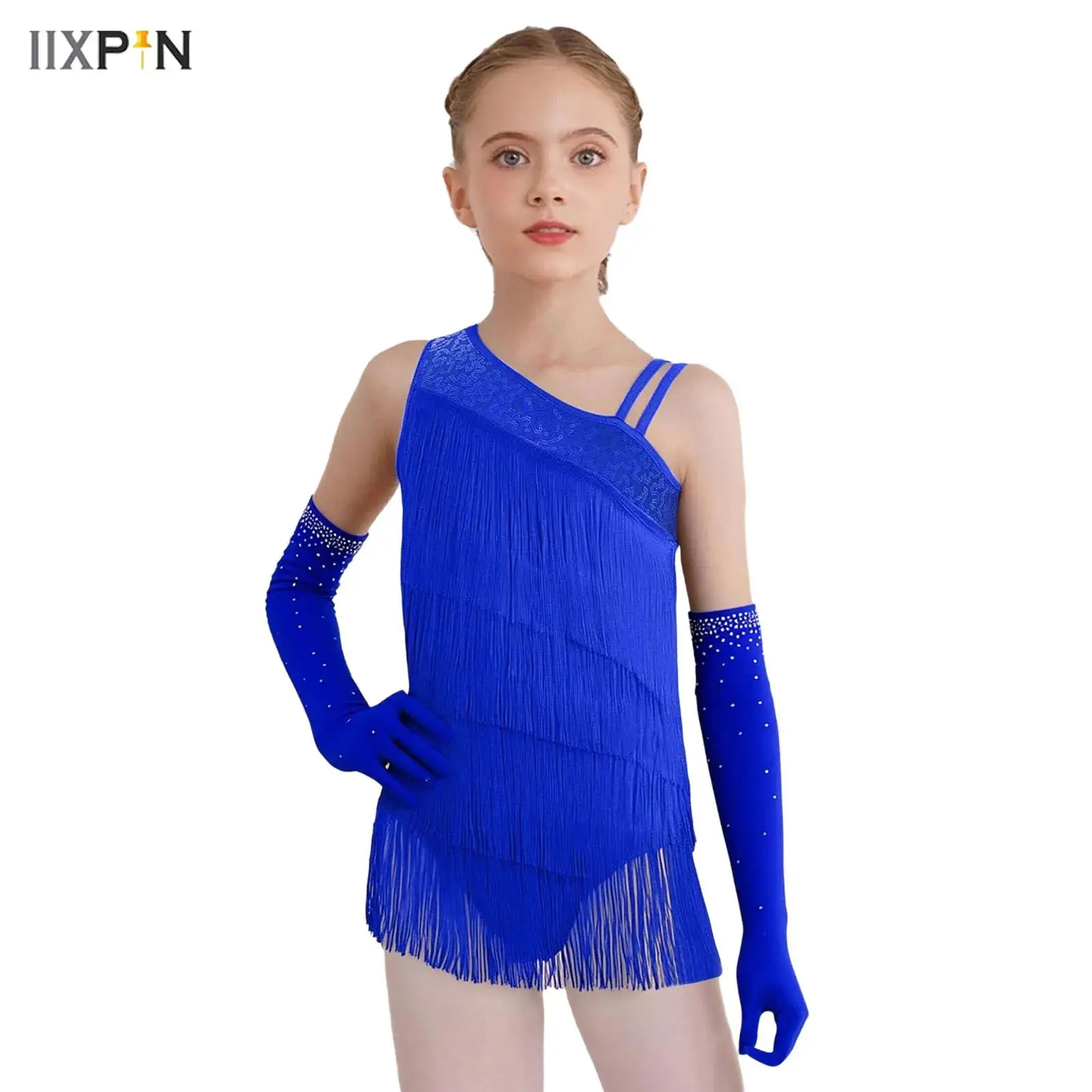 

Kids Girls Modern Ballroom Salsa Latin Dance Dress Outfit Sleeveless Tiered Tassels Asymmetrical Sequins Leotard with Gloves