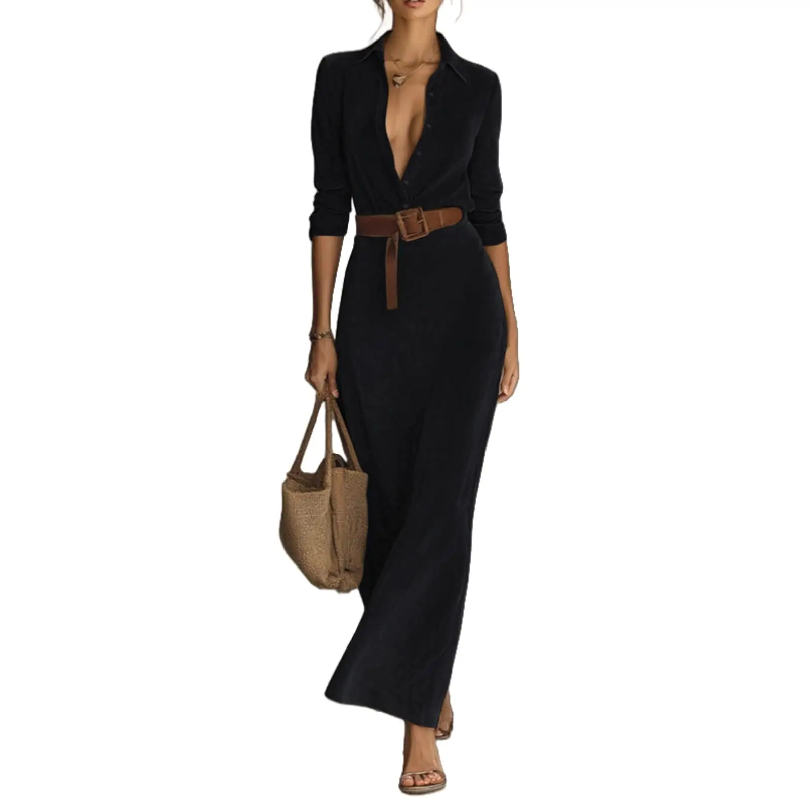 Women's Minimalist Solid Belted Lapel Shirts Dress Winter Long Sleeve High Waisted Suede Dress Female Casual Party Maxi Dresses