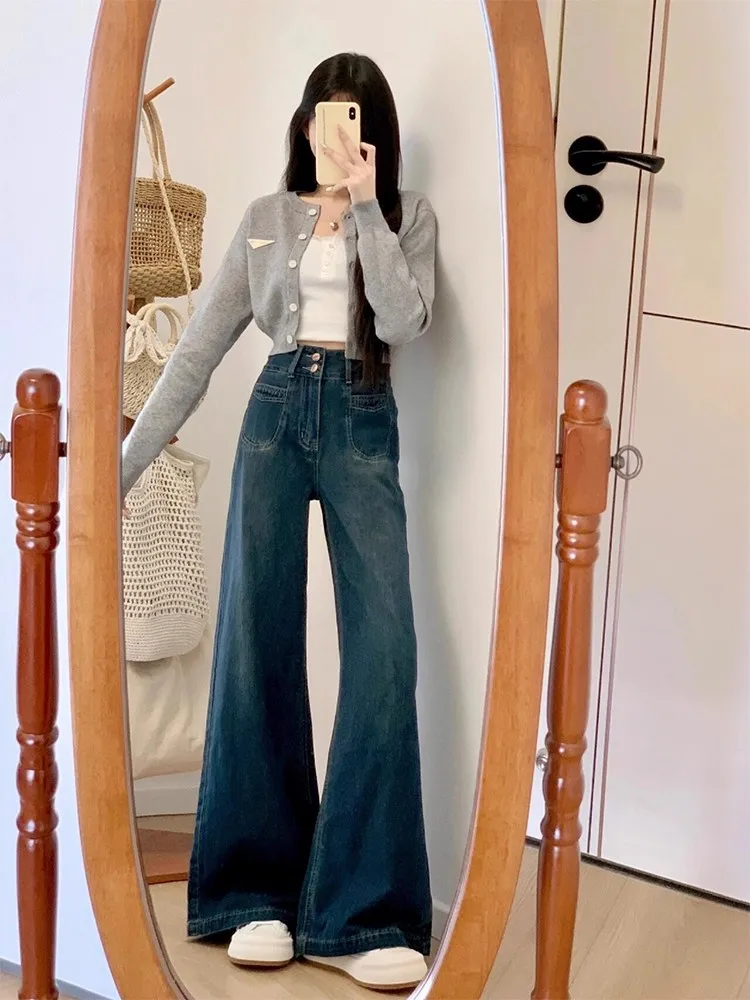 Solto confortável jeans feminino azul profundo cintura alta calças de perna larga outono novo sle plus size emagrecimento preguiçoso faion