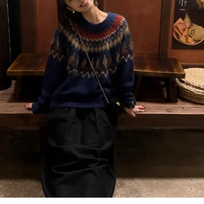 

Vintage Straight Thick Jumpers Elegant Lady Outwear Casual Regular Print Christmas Sweater Long Sleeve Knitted Pullovers