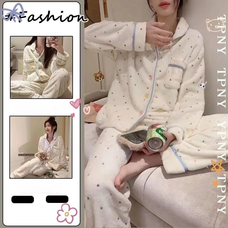 B Women Fleece Pajamas Autumn Winter Lady Student Polka Dot Pajama Set Thick Warm Loungewear Girls Loose Long Sleeve Pants Woman