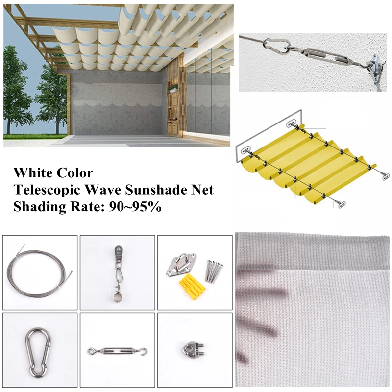 White Telescopic Wave Sun Shade Net Courtyard Pavilion Sun Sails Outdoor Awning Garden Canopy Shading Net Swimming Pool Cover