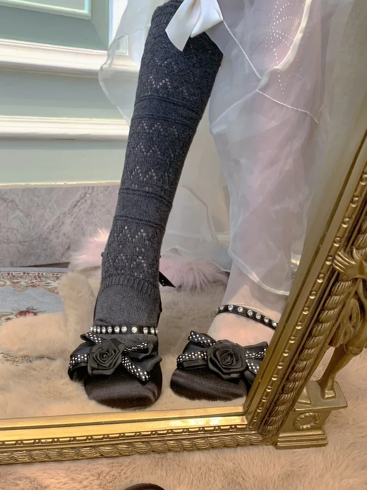 

Pinkyo Original Rose Wave Dot Rhinestone Elegant Bow Black Round Toe Shoes Lolita French Thick Heel High Heels For Women