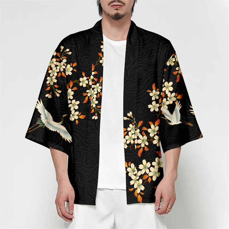 Harajuku Hanfu  Japanese Traditional Clothing Crane Print Kimono Shorts Men Retro Yukata Asian Fashion Tang Suit Yukata Jacke