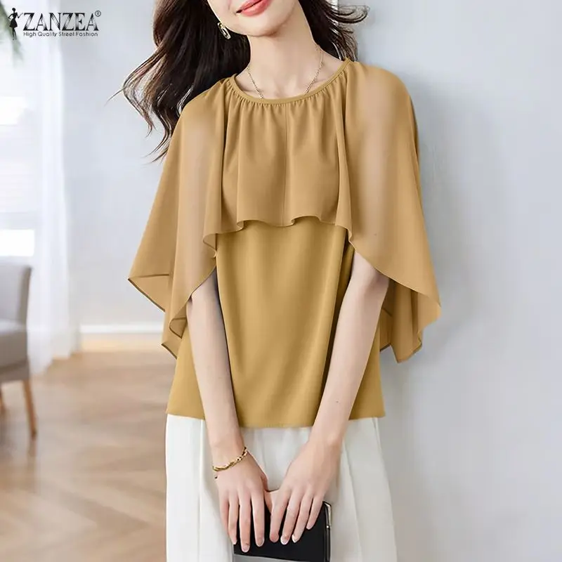 

ZANZEA, женская шифоновая блузка, элегантные офисные женские рубашки, лето 2026, повседневная однотонная уличная одежда с рукавами 3/4, Blusas, свободные топы-туники
