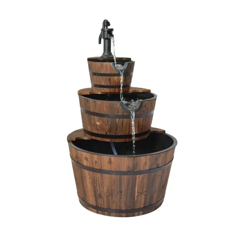 

Wooden Garden Barrel Water Fountains with Metal Pump Three tier Design for Balcony, Patio Decor.