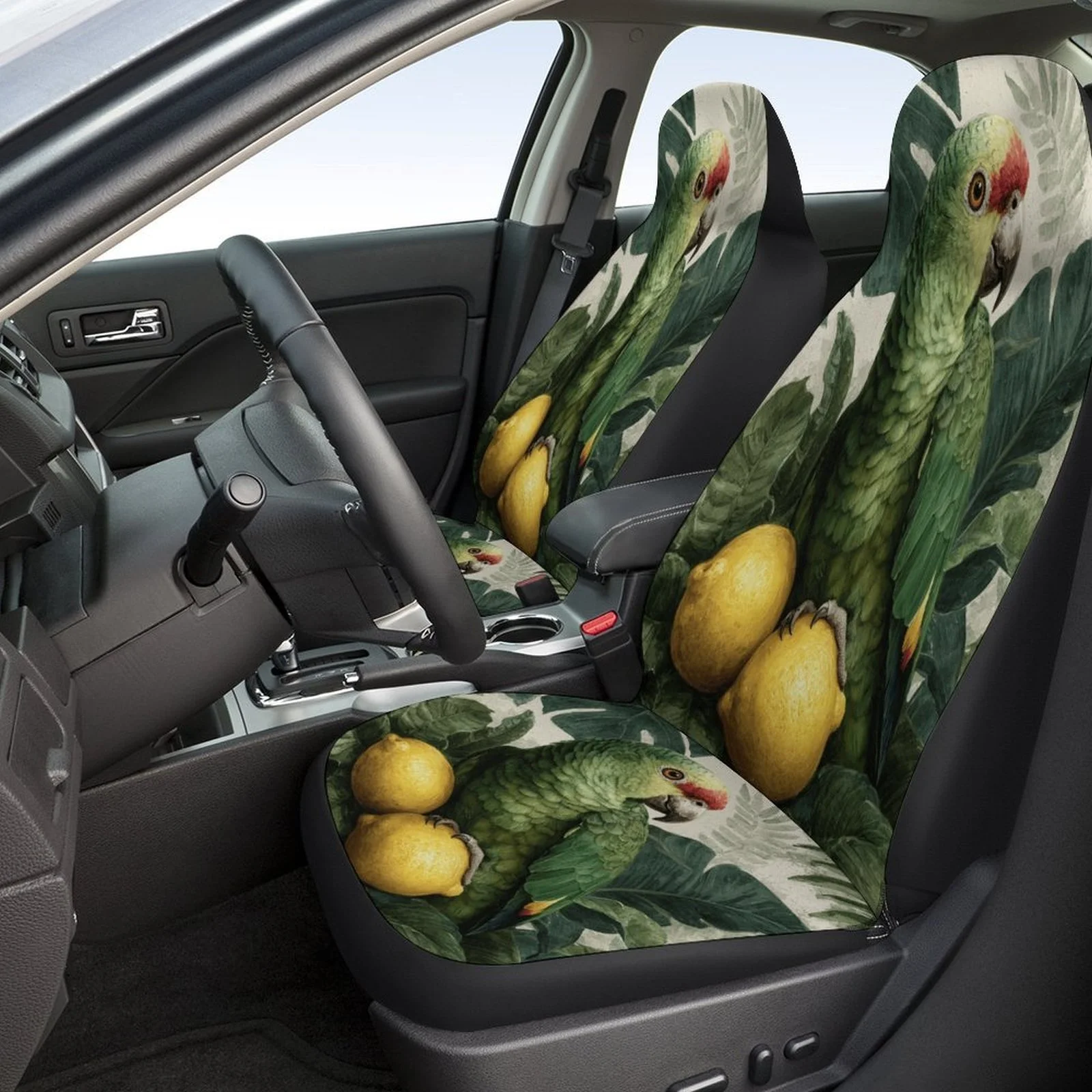 Tropical Parrot & Lemon Car Seat Covers - Vibrant Green & Yellow Design, Durable Polyester, Machine Washable, Universal Fit For