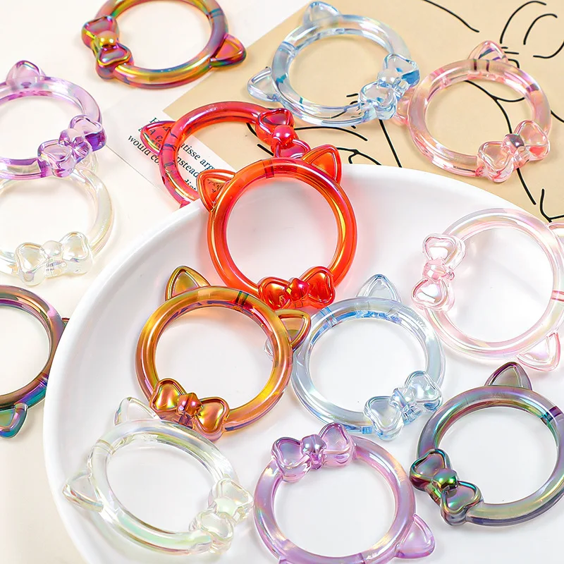 Conjunto de 6 peças de anéis de acrílico com revestimento AB, orelhas de gato, laço, contas perfuradas, bijuterias, contas soltas, acessórios decorativos para roupas e presilhas de cabelo DIY.