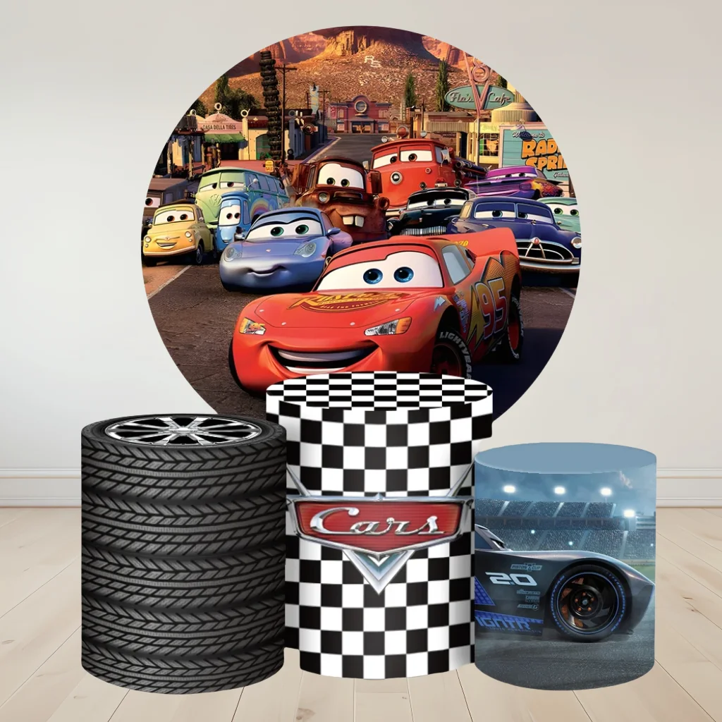 Cars Lightning McQueen Round Backdrop 3 Cylinder Cover Background Photography Baby Shower Boy Birthday Party Event Dessert Table