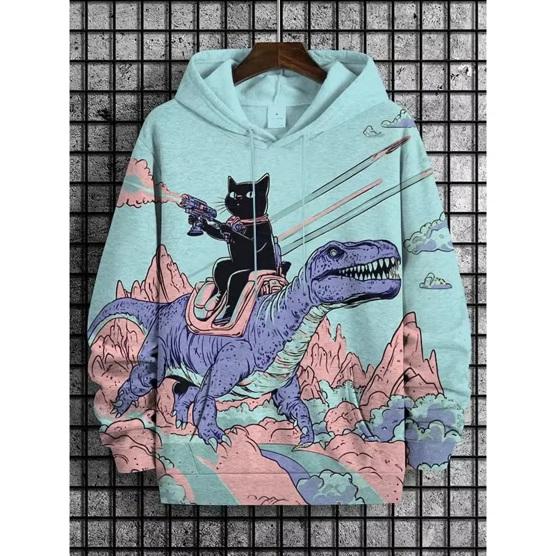 Cowboy Cat Dinosaur Pattern Hoodie For Men Cool Animal 3D Printed Long Sleeves Casual Hoodies Loose Sweatshirts Pullover Tops