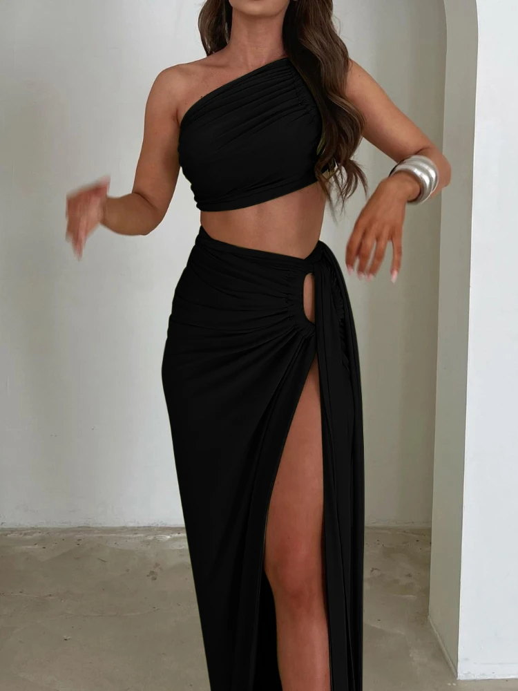 Sexy Strapless Sleeveless Thigh-high Split Bodycon Maxi Dress Women Two Piece Set Long Dress Elegant Club Party Vestidos