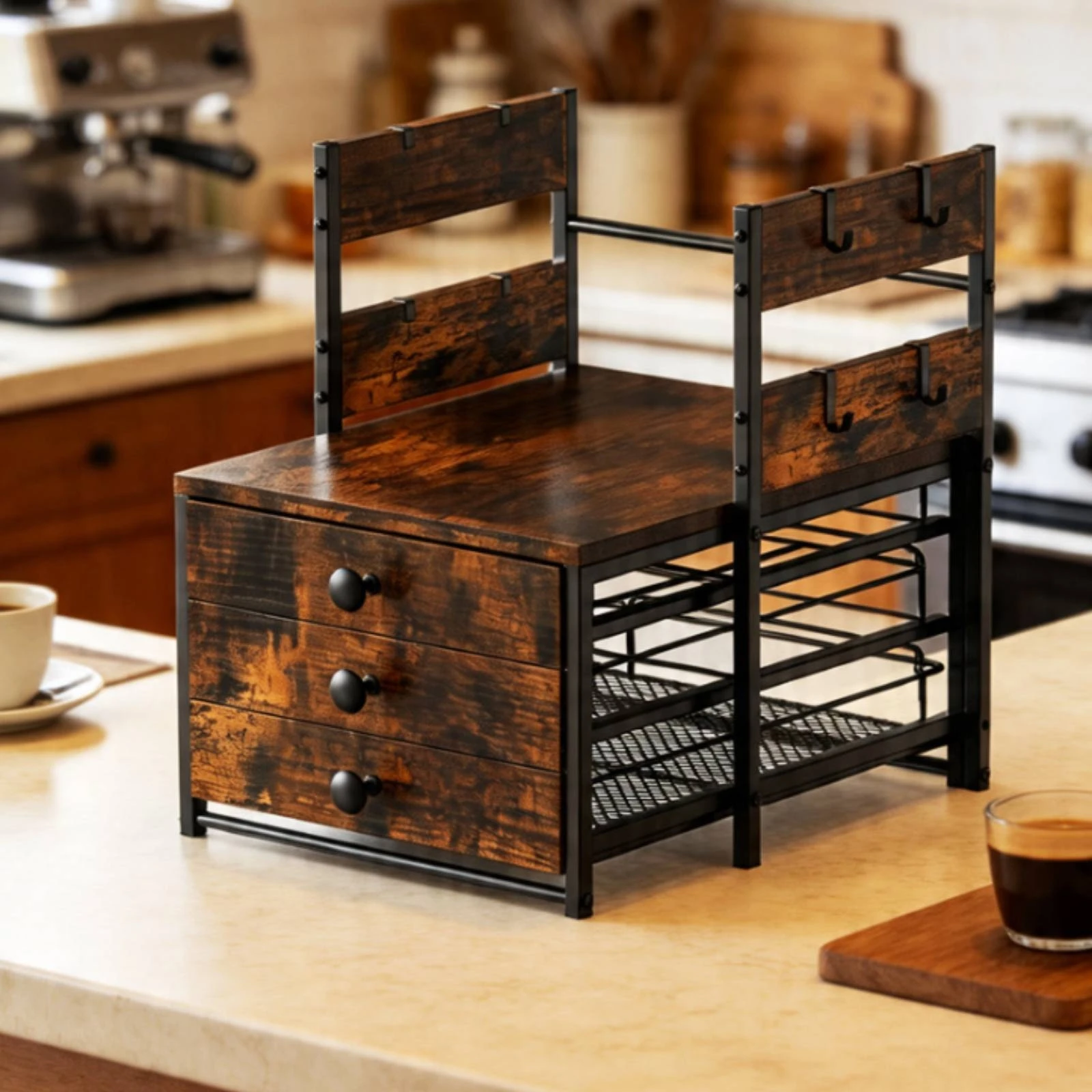 Coffee Bar Shelf with Drawers Rustic Coffee Station Organizer with Drawer Mug Holder Sturdy Furniture Multifunctional view 3