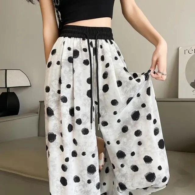 Ice silk Cool cool wide leg pants women's summer thin large size sunscreen cool draping ink dot print pants