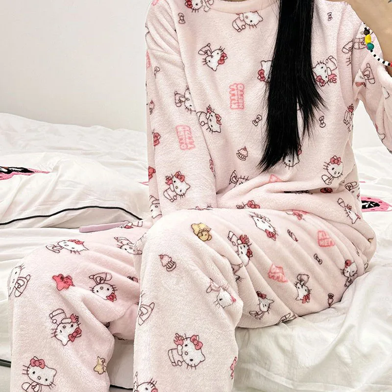 アニメハローキティ女性のパジャマ冬漫画フランネルパジャマパンツセットかわいい女の子カジュアルラウンジウェアソフトで快適