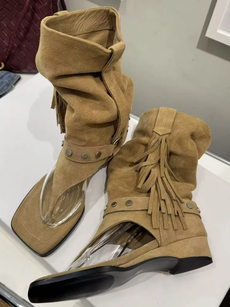Fashion Ladies Genuine Leather Clip Toe Hollow Out Buckle Strap Cool Boots Solid Color Cow Suede Hard-Wearing Tassel Footwear