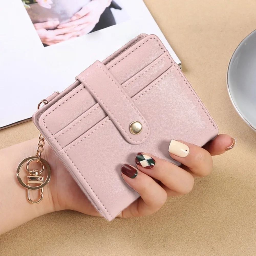 Tarjetero, billetera corta triple de cuero PU, bolso para tarjetas colgante multifunción con llavero, bolso de bolsillo portátil para exteriores