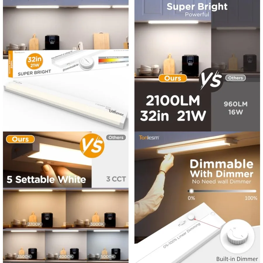 

LED Under Cabet Lightg Hardwired Or Plug, 21W2100LM Super Bright, Dimmable with Dimmer, 0V 5CCT 2700/3000/3500/4000/5000K, Lkab