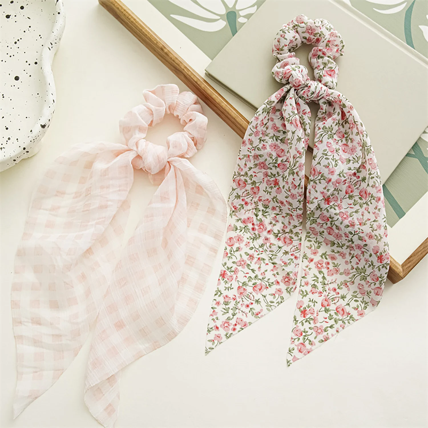 Fashion Floral Printing Bow Long Ribbon Ponytail Scarf Hair Tie Scrunchies Women Girls Elastic Hair Bands Hair Accessories