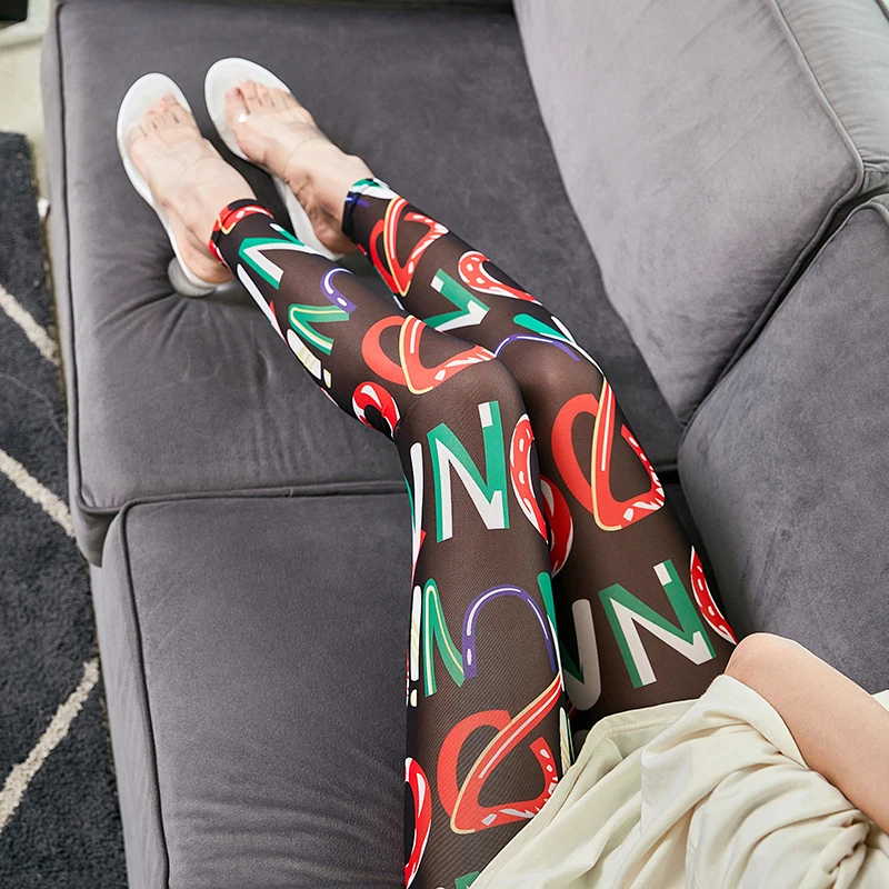 Summer High-waisted Printed Graffiti Mesh Leggings Women Feel Mesh Elastic Tights Thin Black Letter-printed Nine-quarter Pants