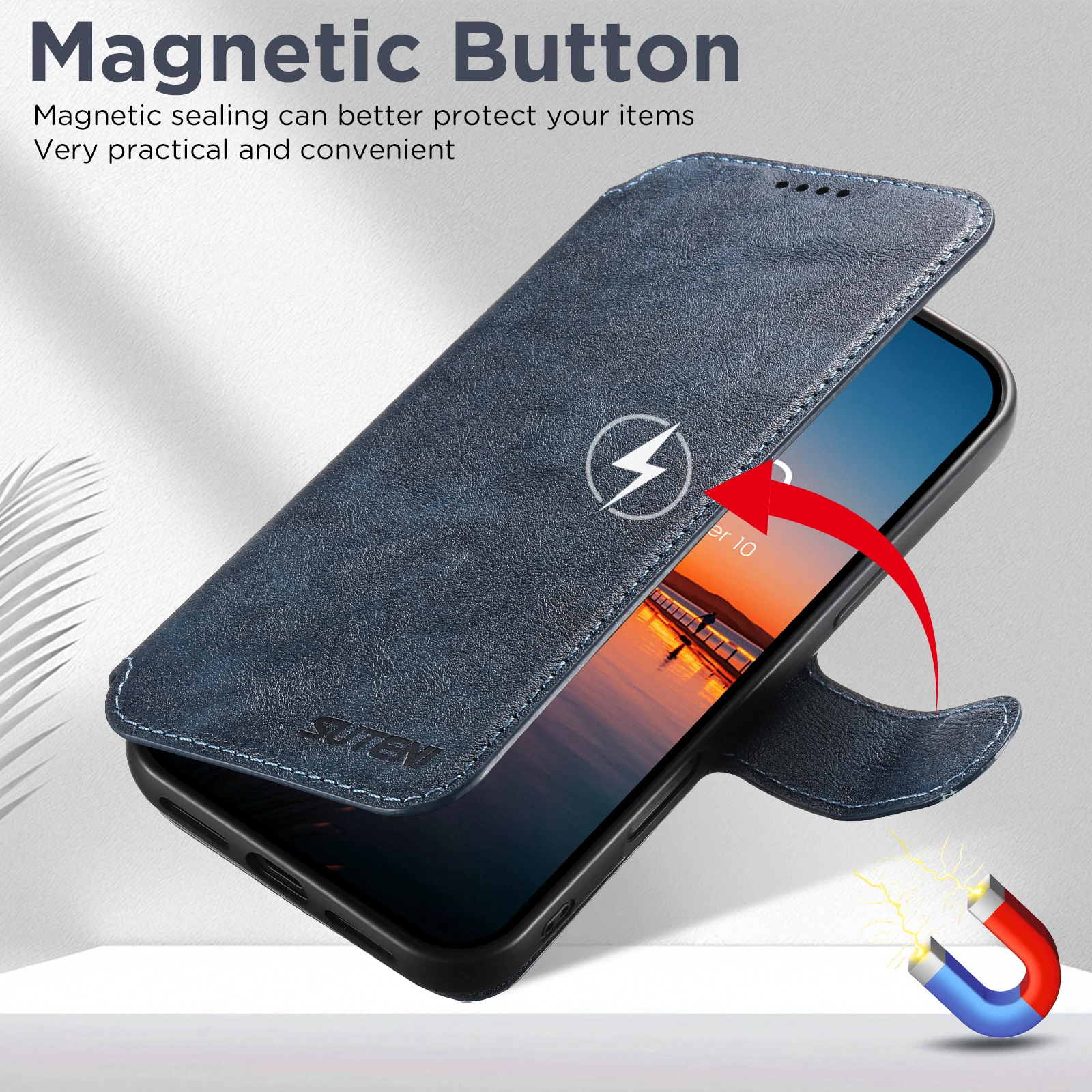 SUTENI Kunstleder Kabelloses Ladegerät Kartenhalter Ständer Brieftasche Magnetische Klapphülle Handyhülle für iPhone 18 Pro Max 17 16 15 14 – Detail 19