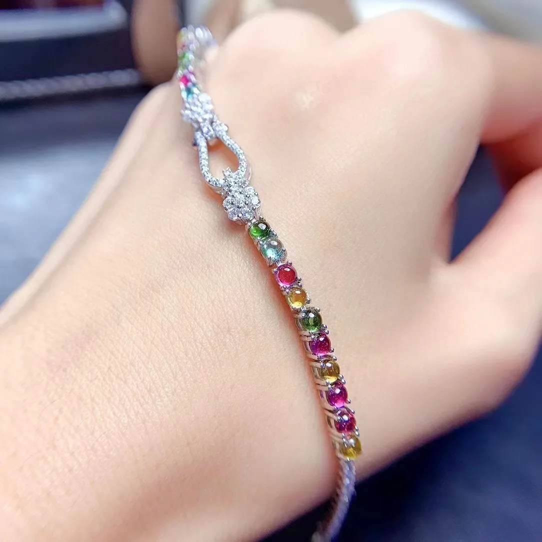 FS S925 Sterling Silver Natural Tourmaline/Ruby Fine Luxury Jewelry Bracelet for Women Fashion 3mm Gemstone Wedding Gift MeiBaPJ