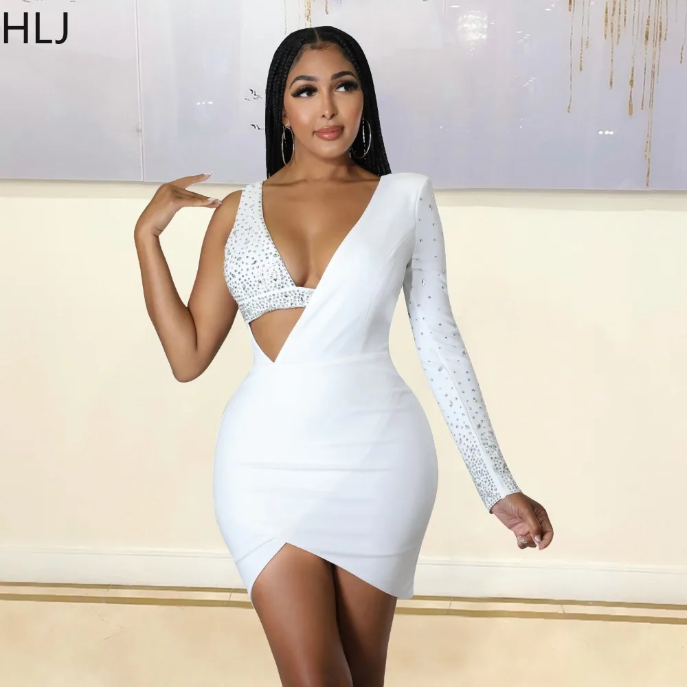 HLJ Fashion Rhinestone na jedno ramię Bodycon imprezowe sukienki seksowne dekolt z dekoltem dekolt Mini damska luksusowa diamentowa nieregularna