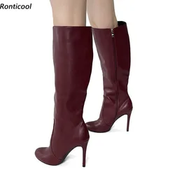 Ronticool New Women Winter Knee High Boots Sexy Stiletto Heel Round Toe Burgundy Casual Shoes Ladies Plus Size 35-52