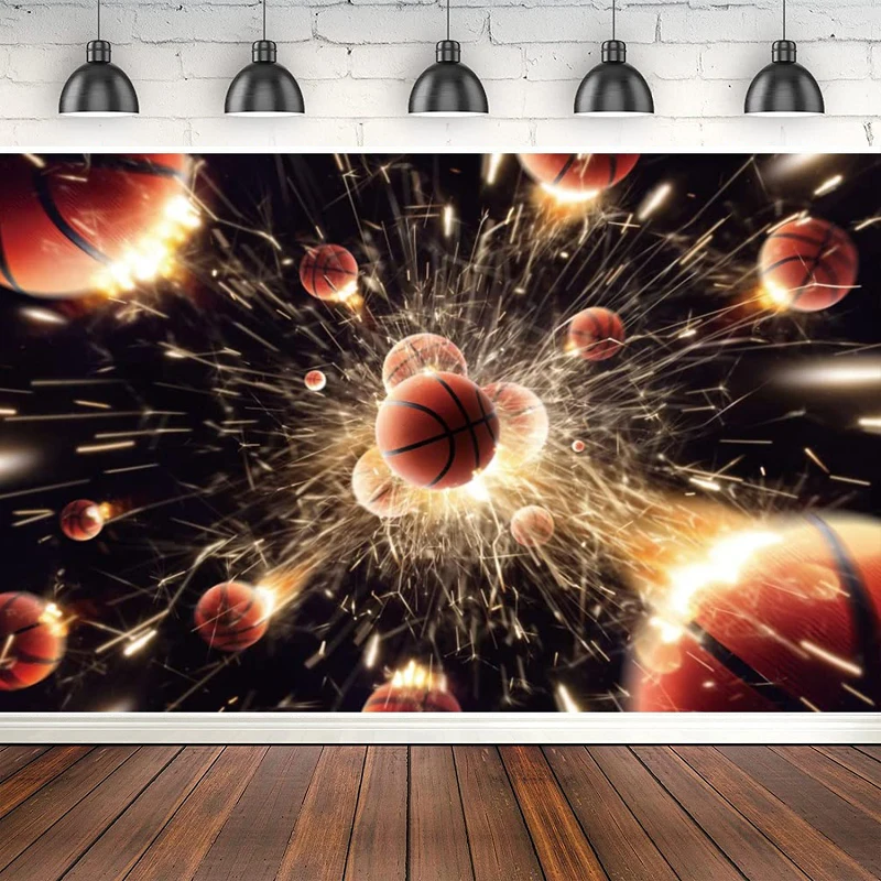 

Burning Basketball Photography Backdrop Shiny Sparks Splash Background Basketball Match Ball Game Boy Man Birthday Stadium