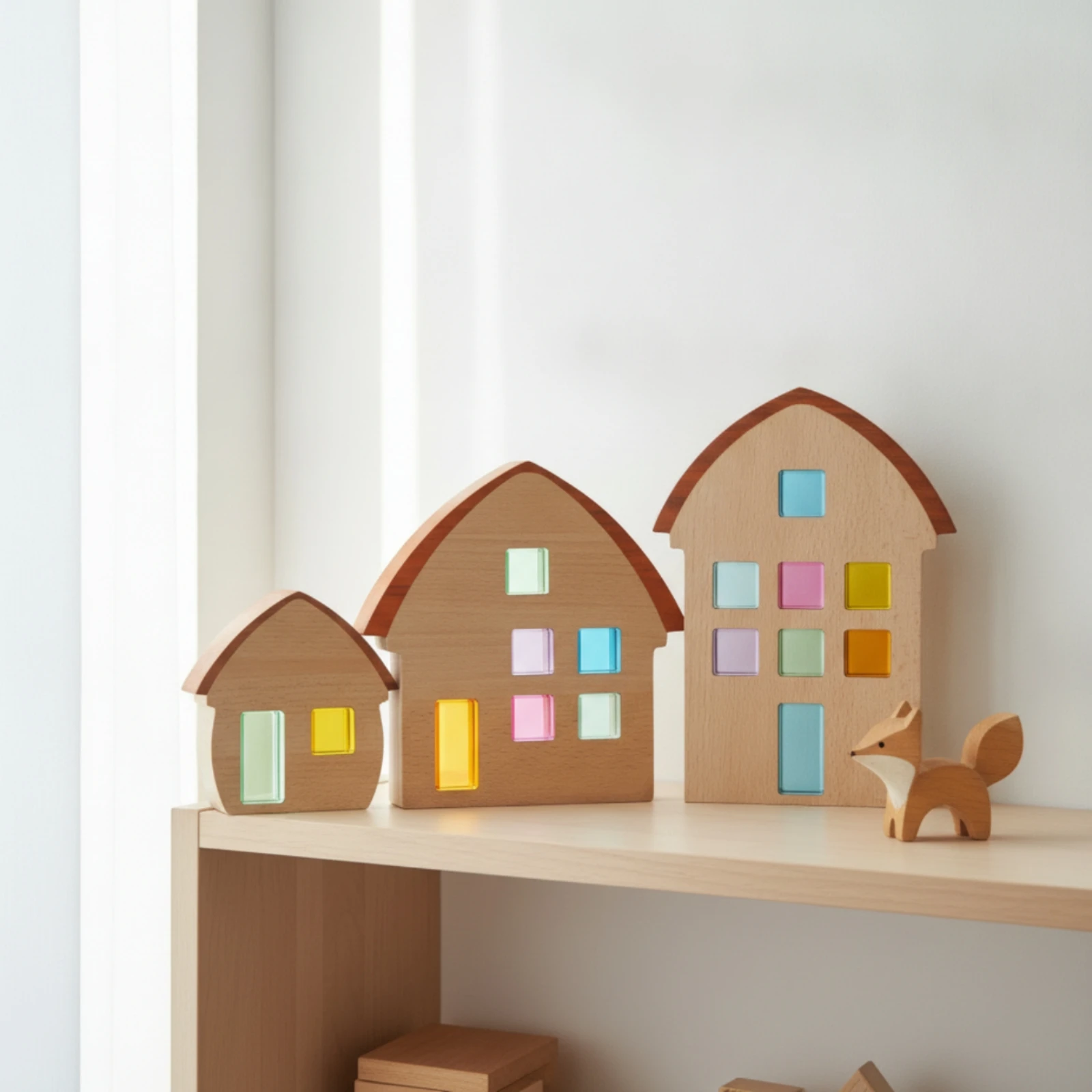 3 Pieces Wooden Blocks with Acrylic Panels Minimalist Wooden House Block House Shaped Blocks Smooth Ornament Handmade for Shelf