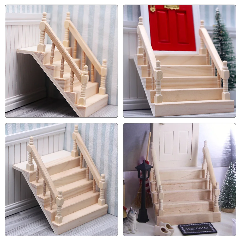 2 Pcs Props Solid Wood Carved Mini House Decoration Double Handrail Staircase Model 2pcs Models Wooden