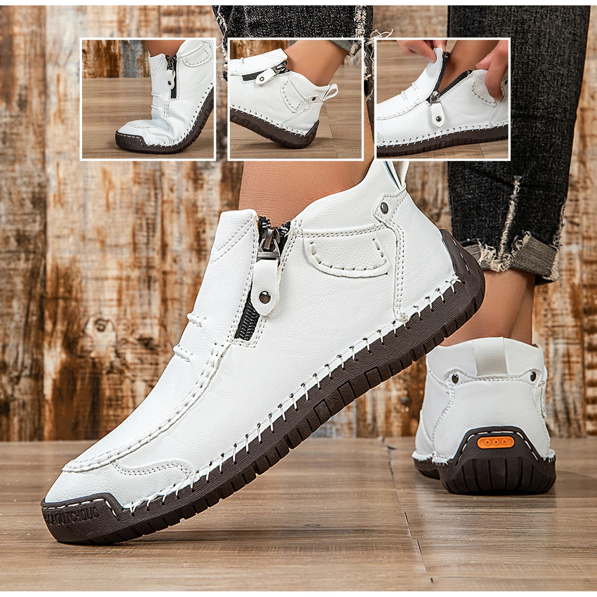 New Classic Handmade Leather Men's Shoes with Zipper Design Outdoor Sneakers Casual Flat Shoes Men Work Shoes Ankle Boots image 6