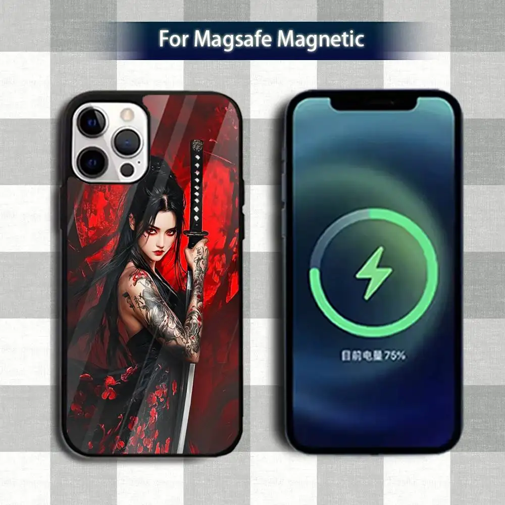 Etui na telefon z motywem sztuki samurajskiej J-Japan Geisha dla iPhone 13, 12, 15, 17, 11, 16, 14, Pro, Max, Plus, Mini, z obsługą Magsafe, magnetyczne etui do ładowania bezprzewodowego.