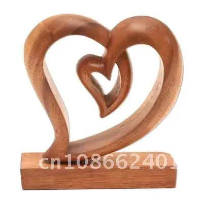 Eternal Love Wooden Heart Ornaments Desktop Sculpture Kissing Couple Statue Art Decorations for Home