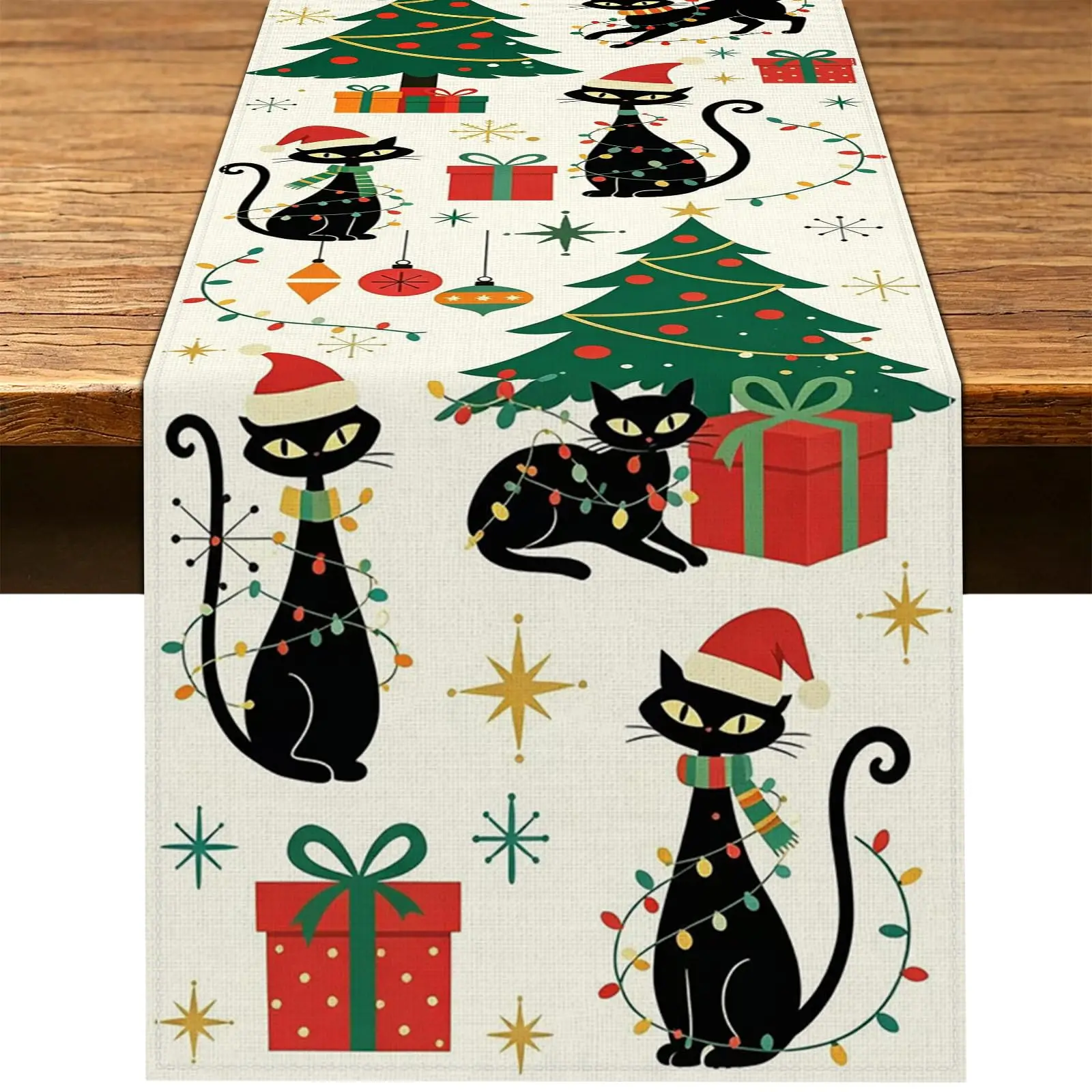 Mid Century Black Cat Christmas Table Runner Retro Xmas Tree Gift Box Linen Table Cover Holiday Dining Home Party Decor