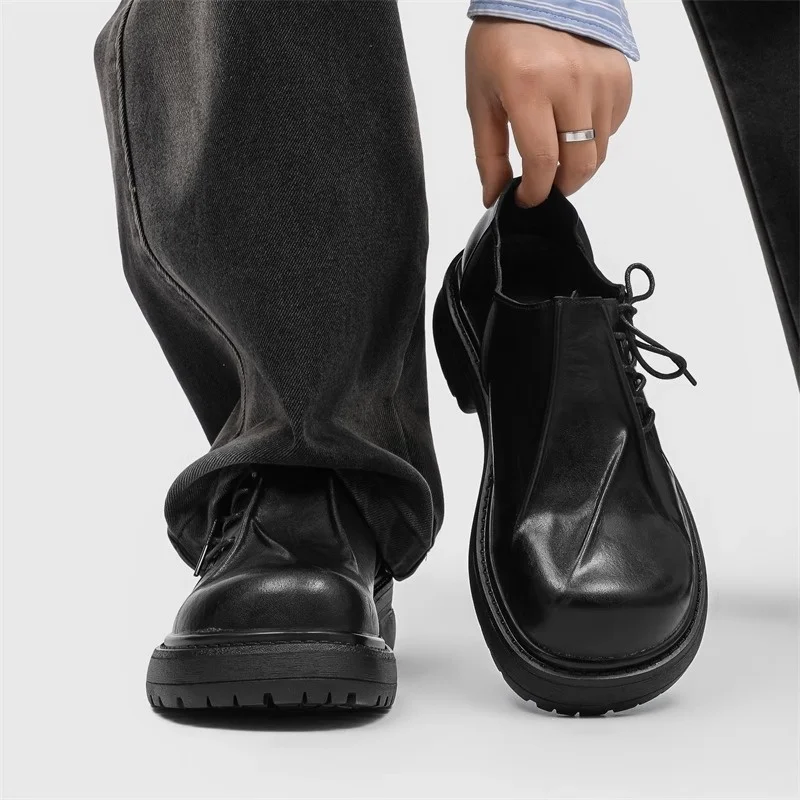 

Square Toe Side Lace-up Derby Shoes Thick Soled Pleated Men's Leather Shoes Fashion Designer Party Work Daily Loafers