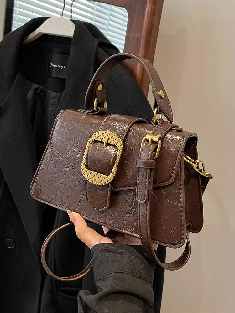 Popular Bag Women 2024 New Spring High-grade Texture Commuting Handbag Shoulder Crossbody Retro Small Square Bag Solid Color