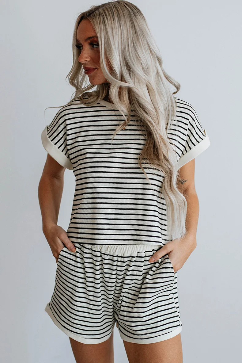 

2024 Summer New Striped Casual Sports Suit Women Fashion Short Sleeve Top + Shorts Two-piece Sets Women Outfit