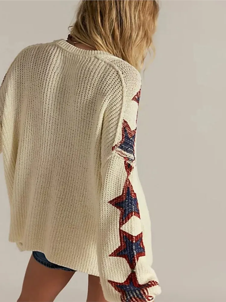 

Fashionable Casual Commuting Loose Star Long-sleeved V-neck Knitted Sweater Winter Clothes Woman Pulls Femmes All-match Loose