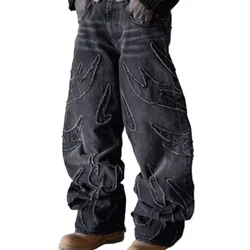Pantalones vaqueros holgados para hombre, pantalones negros Retro desgastados de Hip Hop, pantalones de pierna ancha góticos Harajuku bordados de gran tamaño, ropa de calle, Y2k