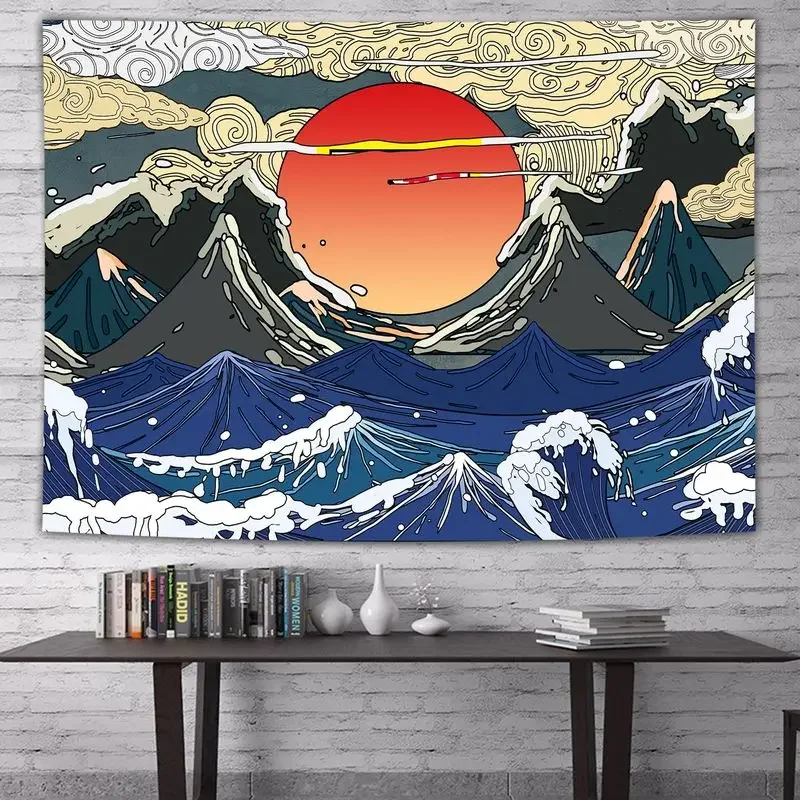 Japanese Ukiyo-e Tapestry, Waves and Auspicious Clouds Wall Hanging, Wall Decoration Featuring Oriental Retro Aesthetics