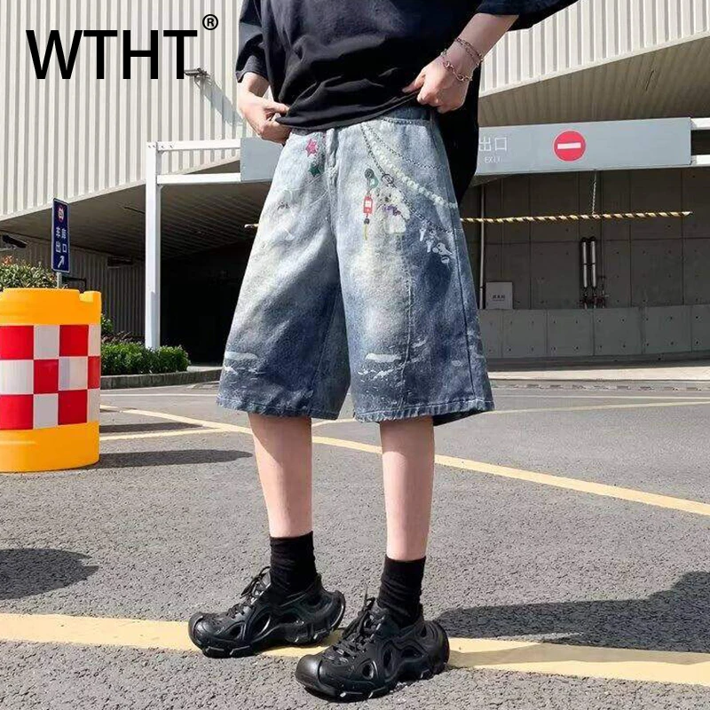 

WTHT мода 2025 летние мужские джинсовые шорты с принтом старого дизайна, винтажные прямые короткие брюки с высокой талией, мужские 2A1222