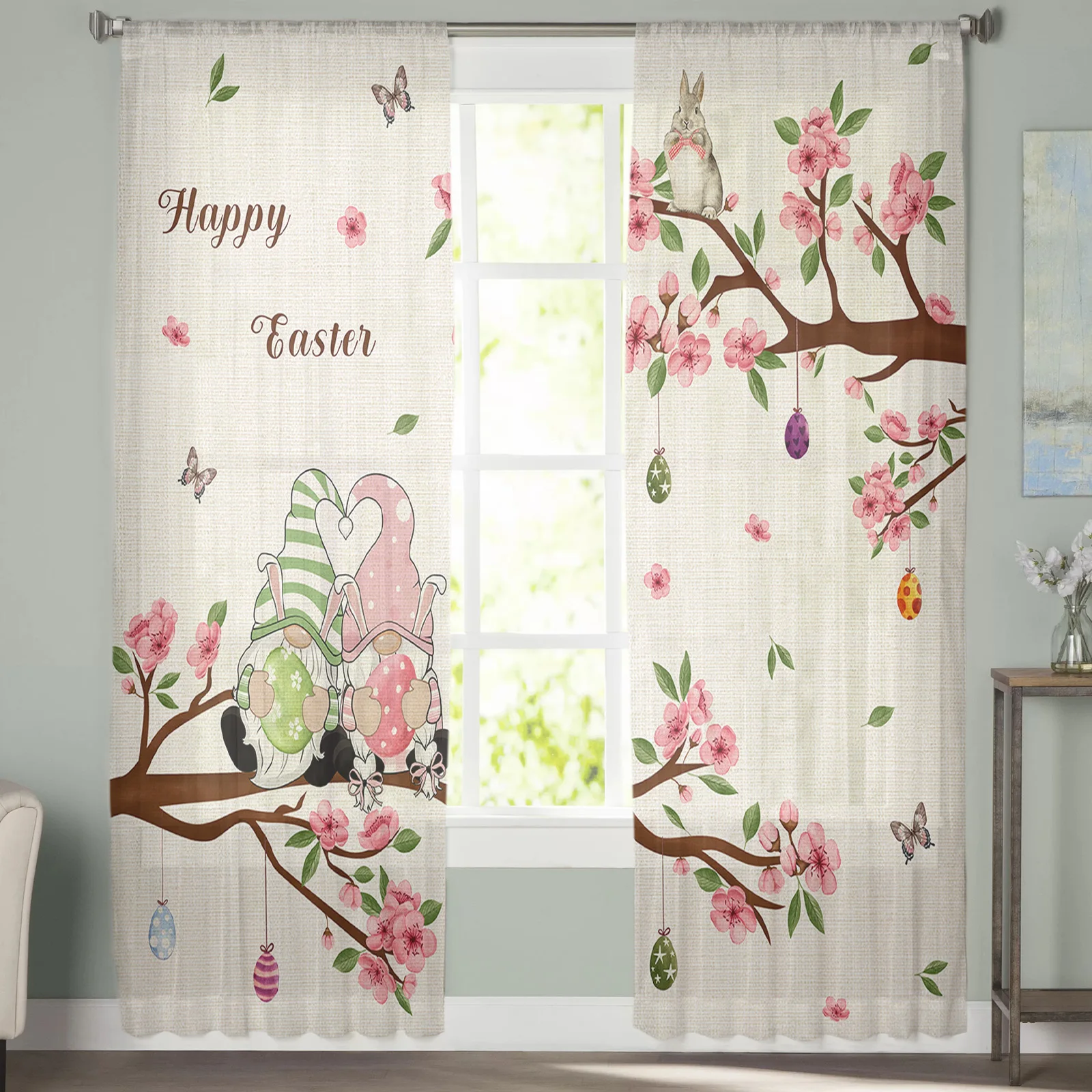 Easter Cotton Bunny Bunny Cherry Blossom Plant Sheer Curtains for Living Room Modern Bedroom Voile Tulle Curtain Window Drapes