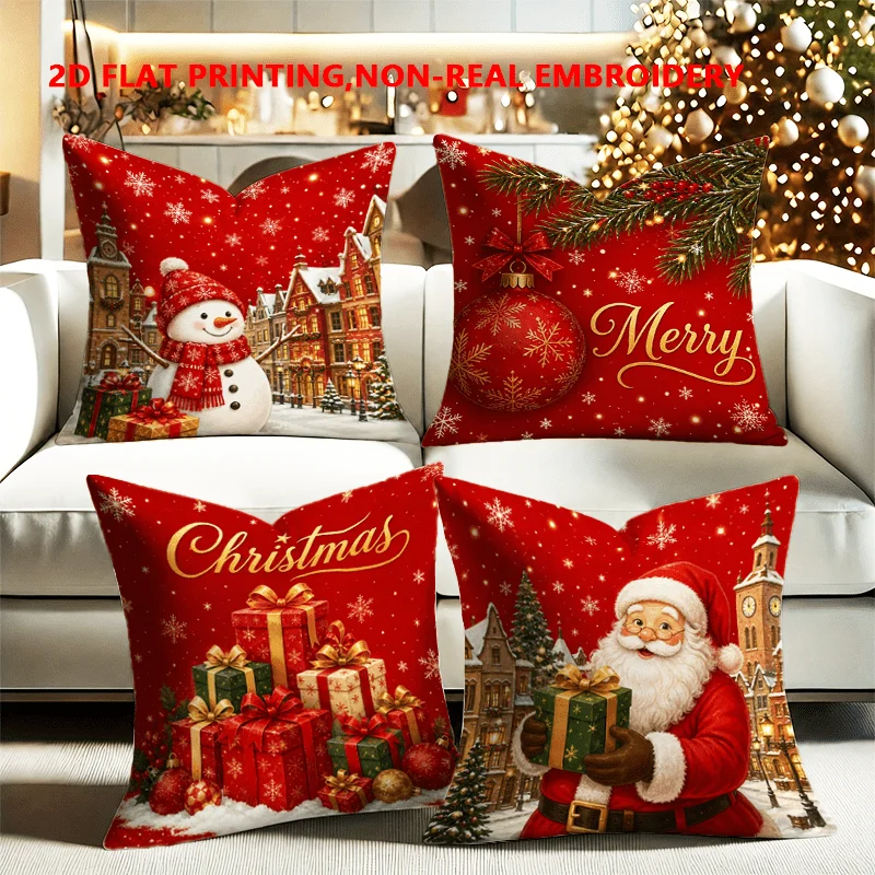 2D FLAT-4pc Christmas Festive Throw Pillow Covers Sofa and living room decoration, single-sided printing, without pillow core
