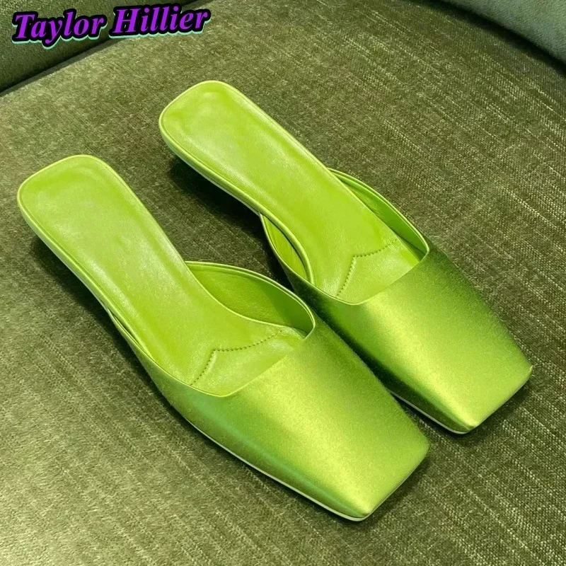 

Green Satin Women Slippers Square Toe Heeled Sandals Strange Style Slip On Mules Solid Color Outwear Dress Comfortable Shoes