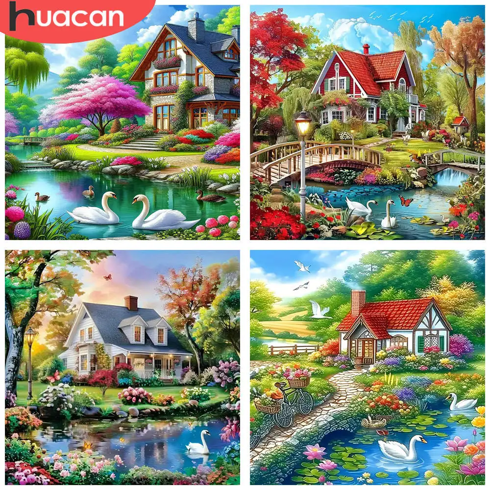 HUACAN 1 Stück Diamant-Gemälde, bunt, Cottage-Landschaft, Leinwand, 5D-Diamant-Kunst-Set, voller Bohrer, Mosaik, Strass, Heimdekoration