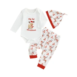 MAYUMMPY Baby Boy Girl My First Christmas Clothes Sets Long Sleeve Letter Deer Romper Pants Hat Newborn Christmas Outfit