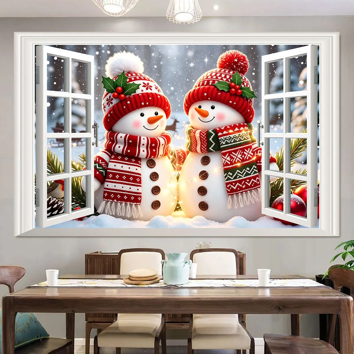 1pc Double Knitted Snowman Snowscape 3D Faux Window Wall Sticker Self Adhesive Wallpaper For Bedroom Living Room Christmas Sc