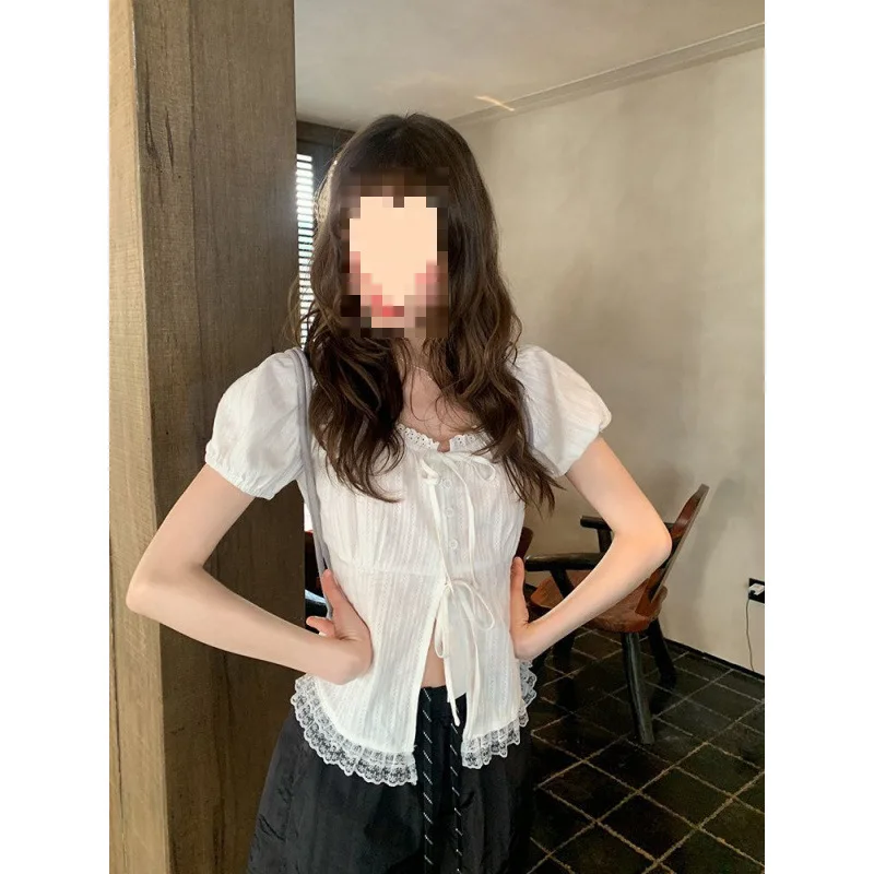 

French Style Cotton Lace Trim Belted Short Sleeve Shirt Women's Fashionable Summer Top Unique Design Sensation Elegant Blouse