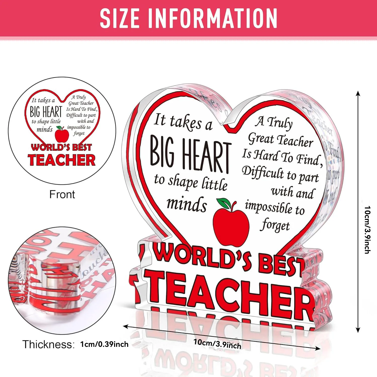 Teacher Apple Theme Acrylic Tabletop Sign, Inspirational Thank‑You Heart Ornament, Meaningful Holiday Gift for Educators