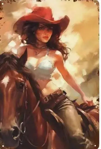 COW GIRL METAL TIN SIGN SEXY PIN UP GIRL WHITE BRA RIDING HORSE RED COWBOY HAT